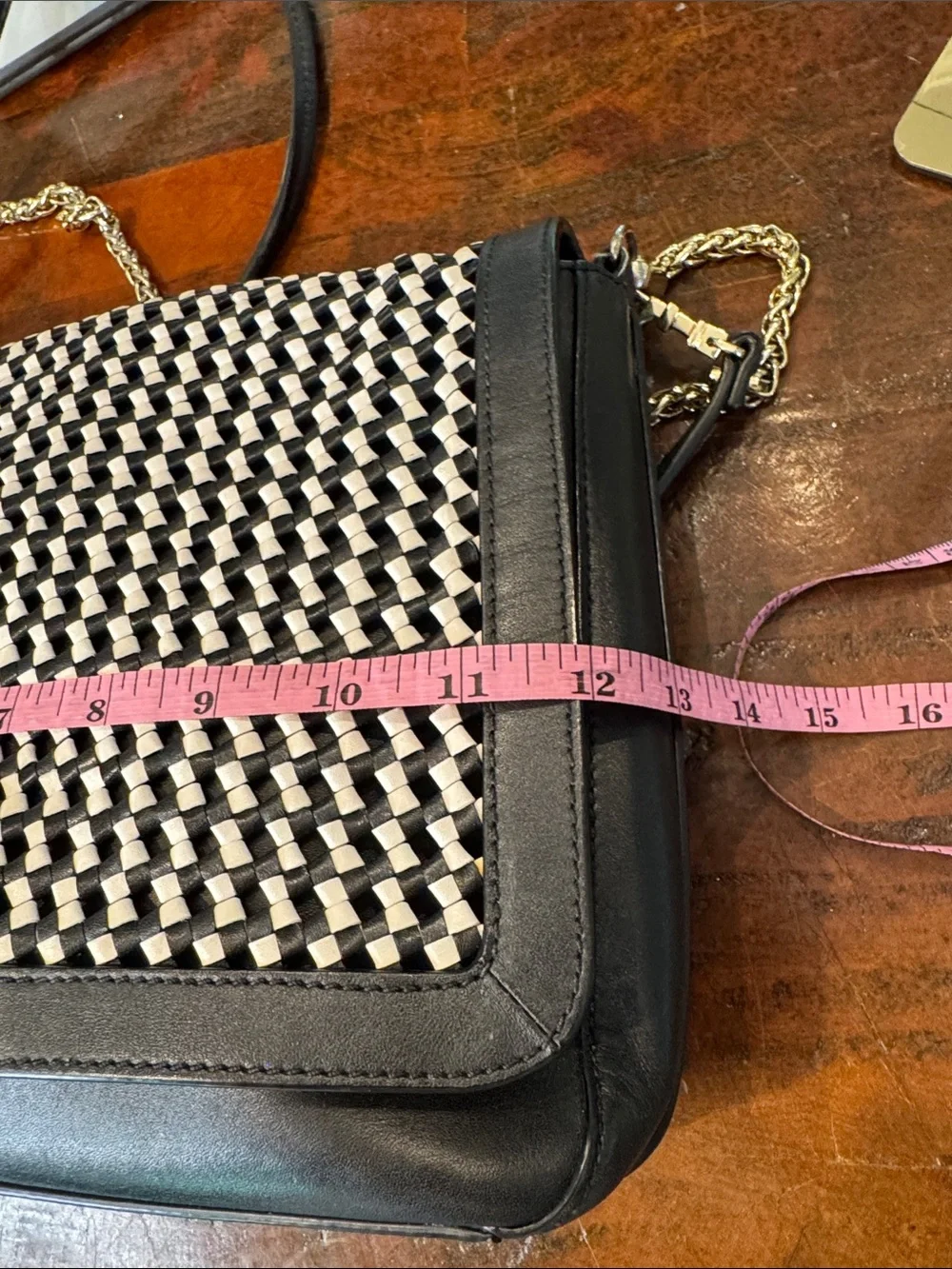 Tory Burch Black & White Woven Crossbody with Gold Chain